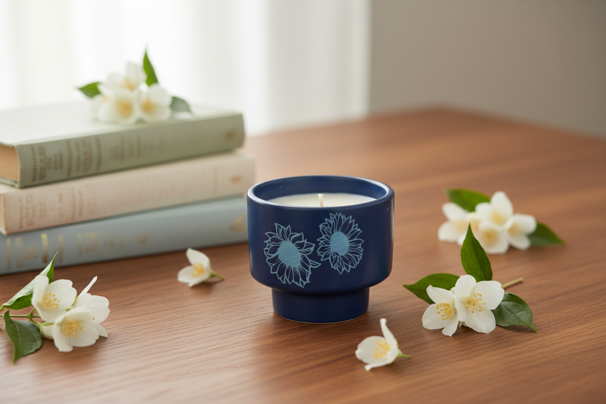 Jasmine and Books on Brown Table
