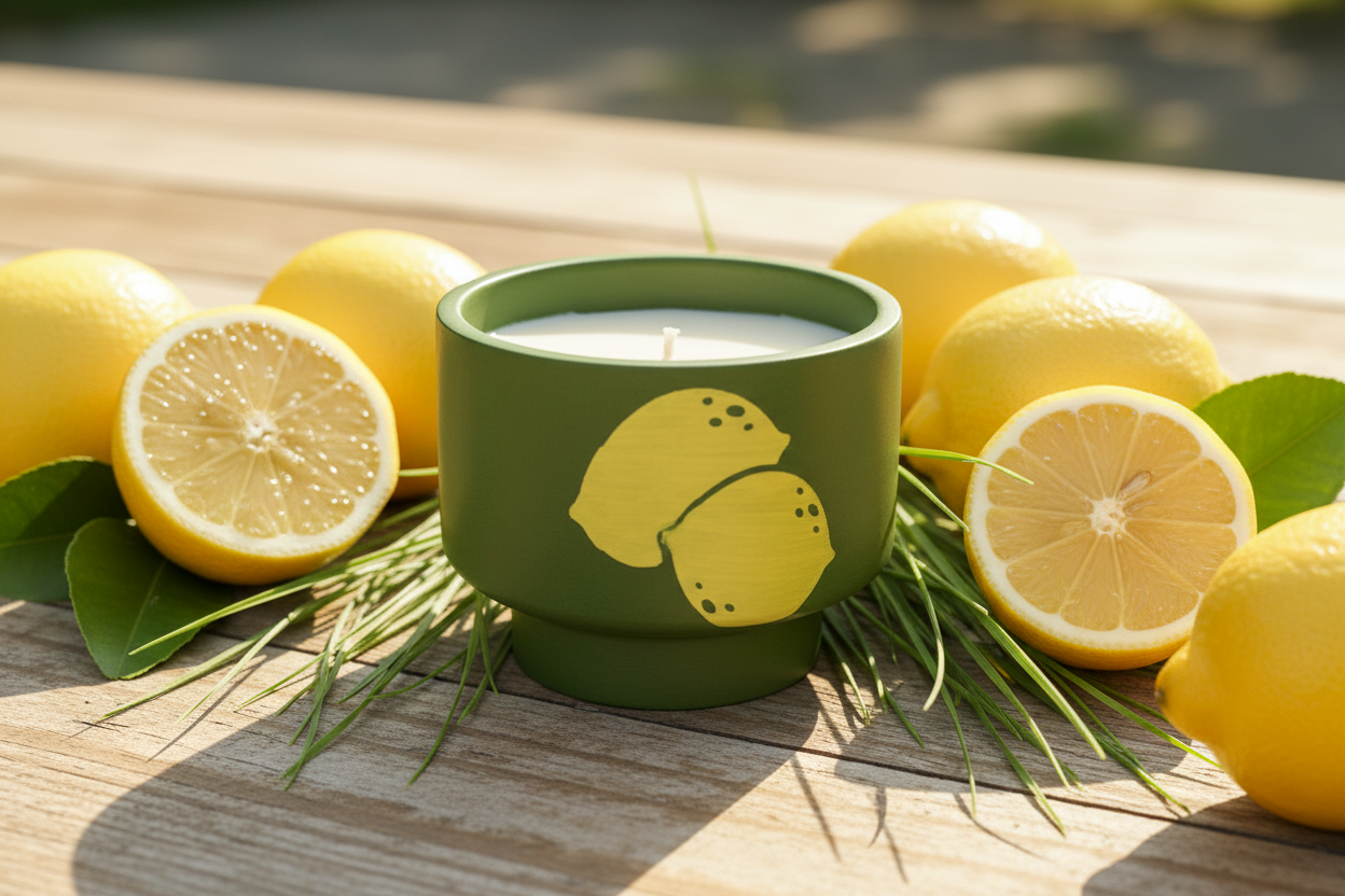 Lemons and Grass on Wood Table