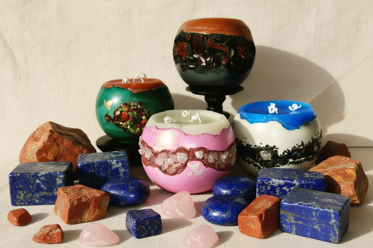 These beauties were created during a quiet time...I wanted to create something new and totally different. These "Geode" candles are created with tumbled Mahogany Obsidian, Pink Quartz, Lapis Lazuli, and Red Jasper. THERE'S MORE TO COME...EVOLVE!!!