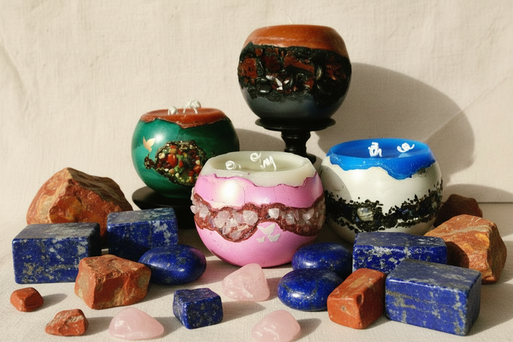 These beauties were created during a quiet time...I wanted to create something new and totally different. These "Geode" candles are created with tumbled Mahogany Obsidian, Pink Quartz, Lapis Lazuli, and Red Jasper. THERE'S MORE TO COME...EVOLVE!!!