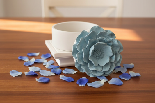 Blue Petals on Brown Table