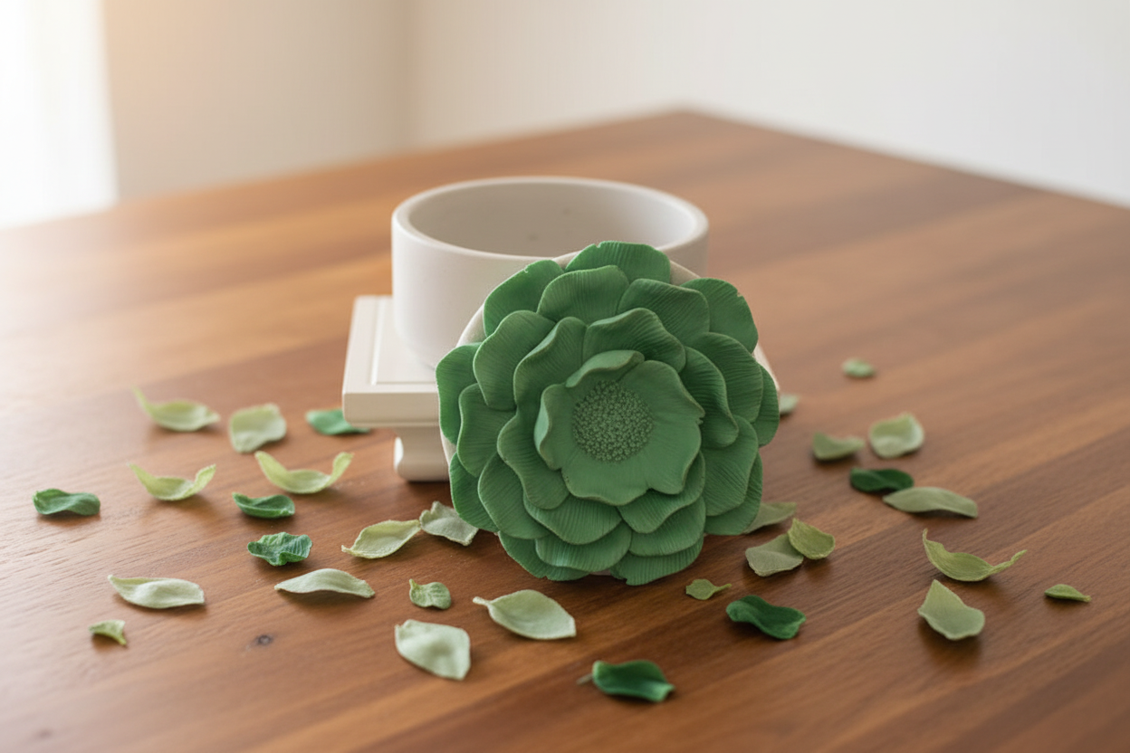 Green Petals on Brown Table