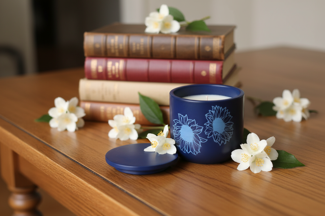 Jasmine and Books on Brown Table