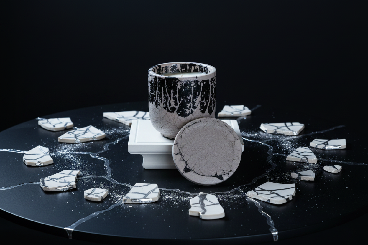Kintsugi Black, White & Silver on Black Table