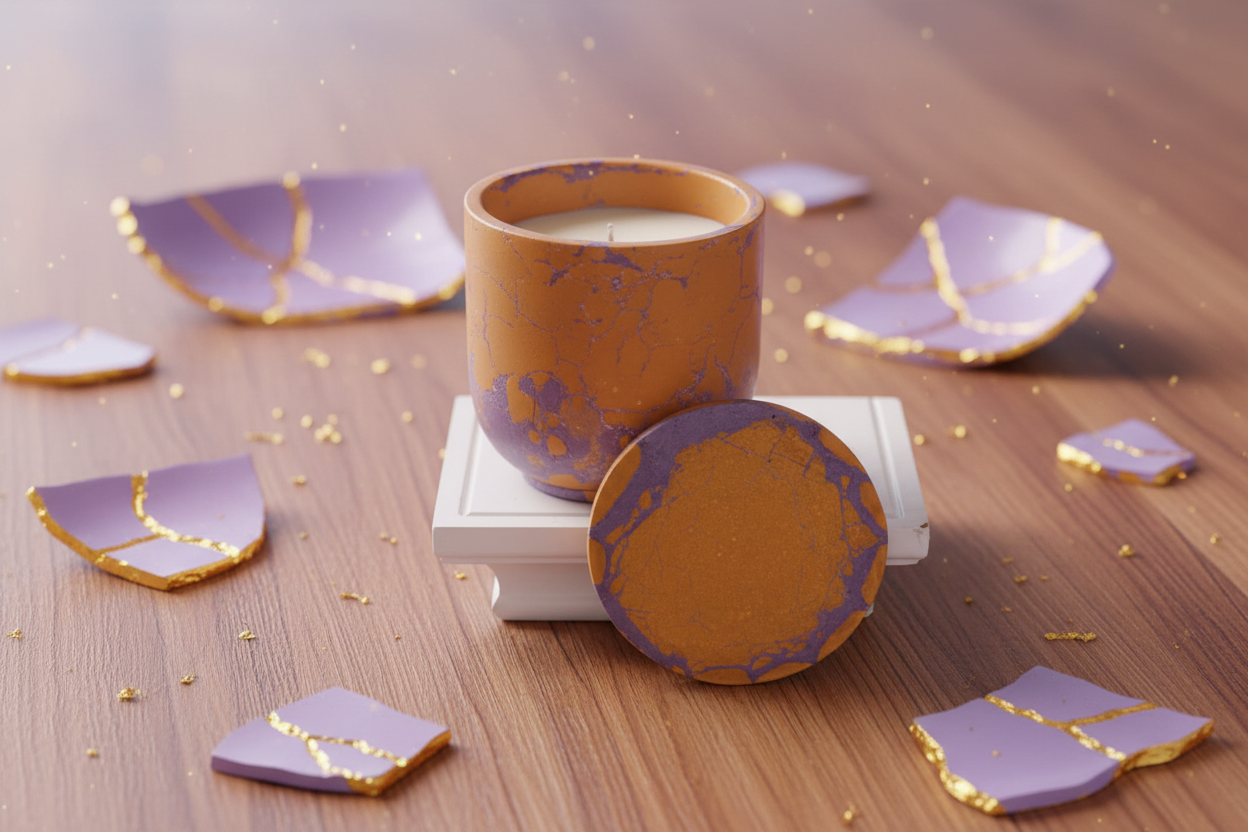 Kintsugi Lavender & Yellow on Wood Table
