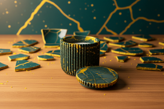Kintsugi Teal & Yellow on Wood Table