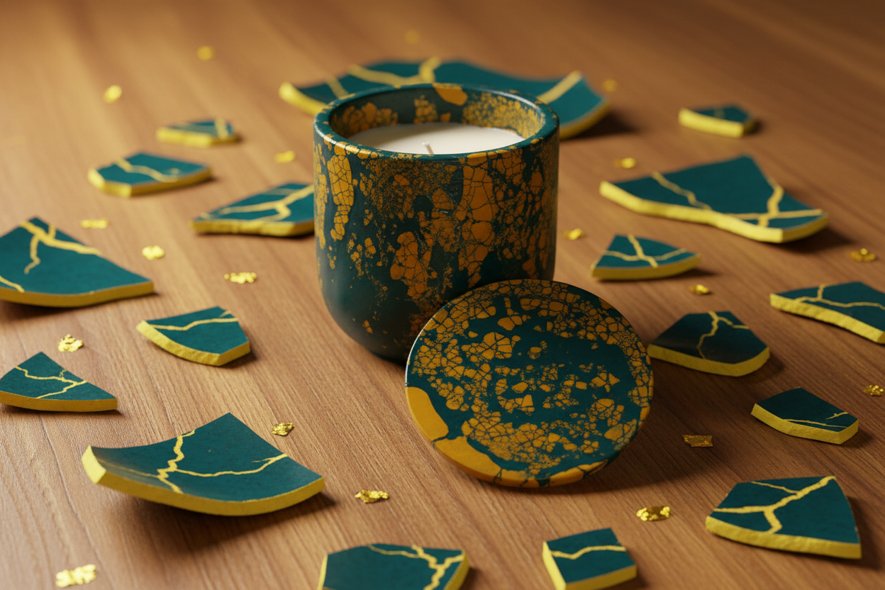 Kintsugi Teal & Yellow on Wood Table