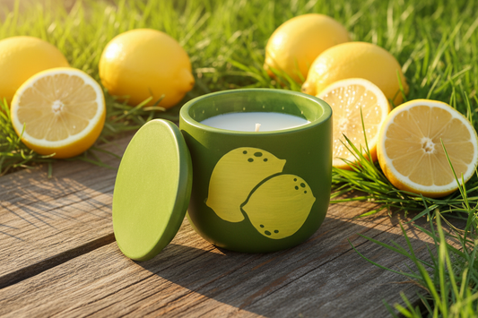 Lemons and Grass on Wood Table
