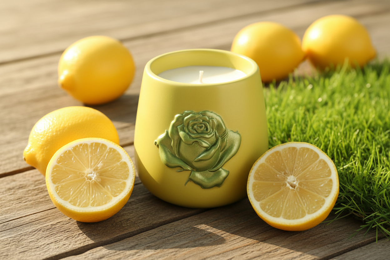 Lemons and Grass on Wood Table