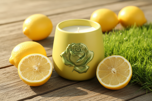 Lemons and Grass on Wood Table